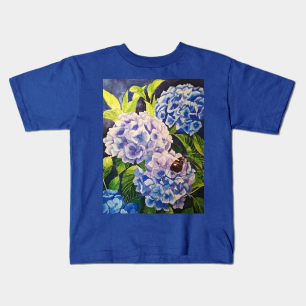 Blue hydrangeas watercolour painting Kids T-Shirt by esvb